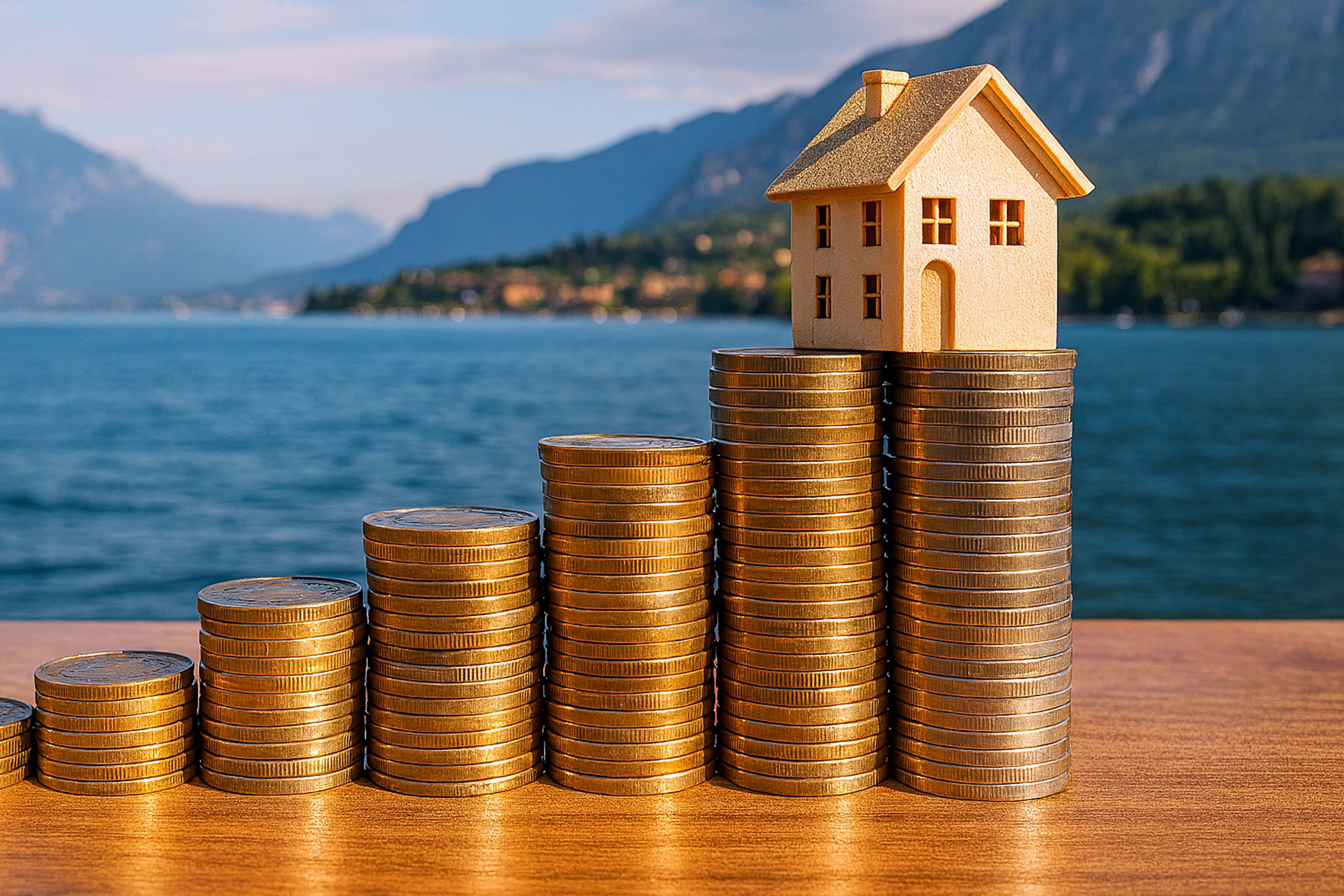  monete con icona casa sulla pila più alta con sfondo lago di garda per investire negli immobili 