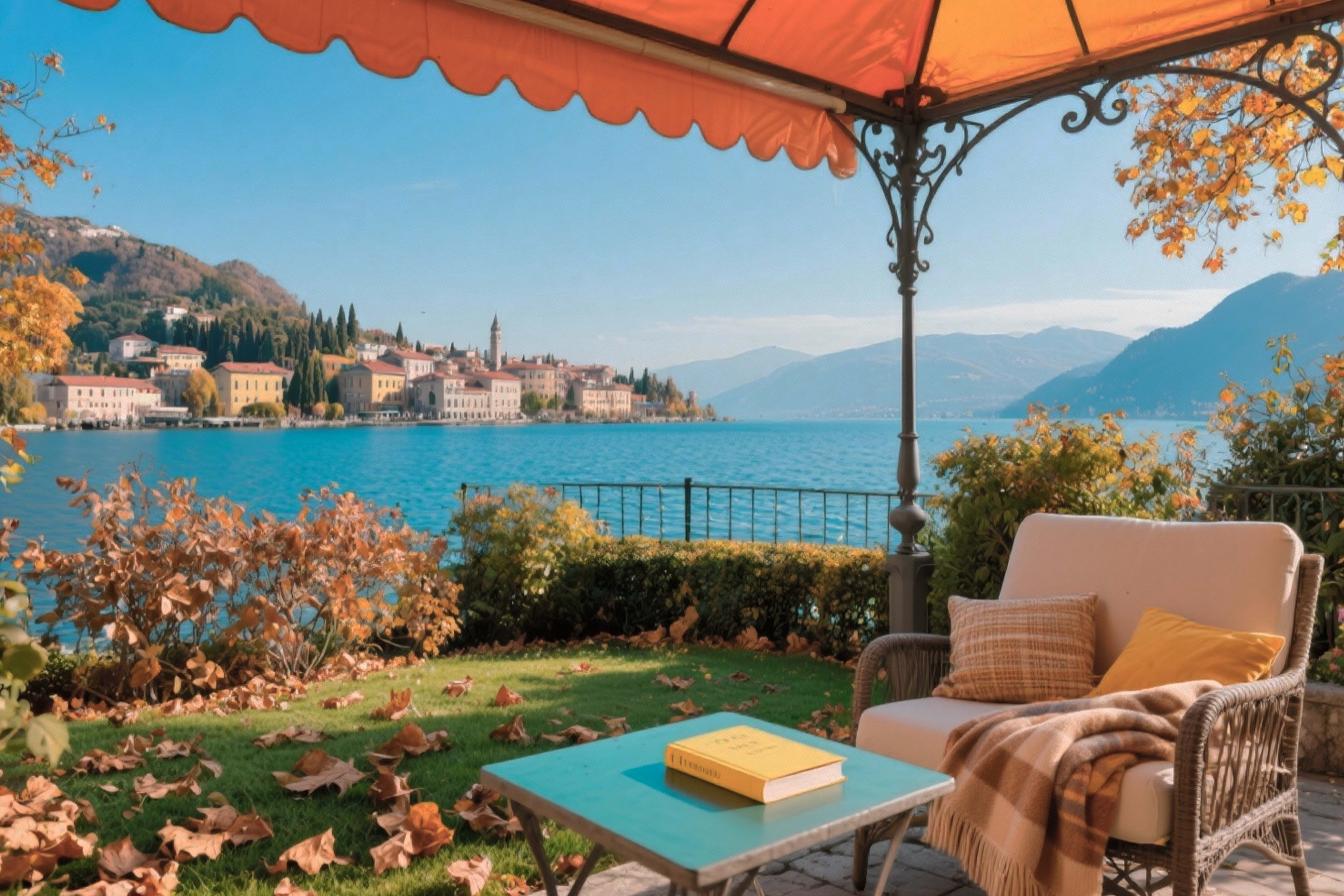  View of Lake Garda from an autumn garden 